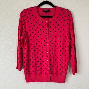 Retro Polka Dot Cardigan Sweater M Pink Navy Lightweight Button Front Preppy